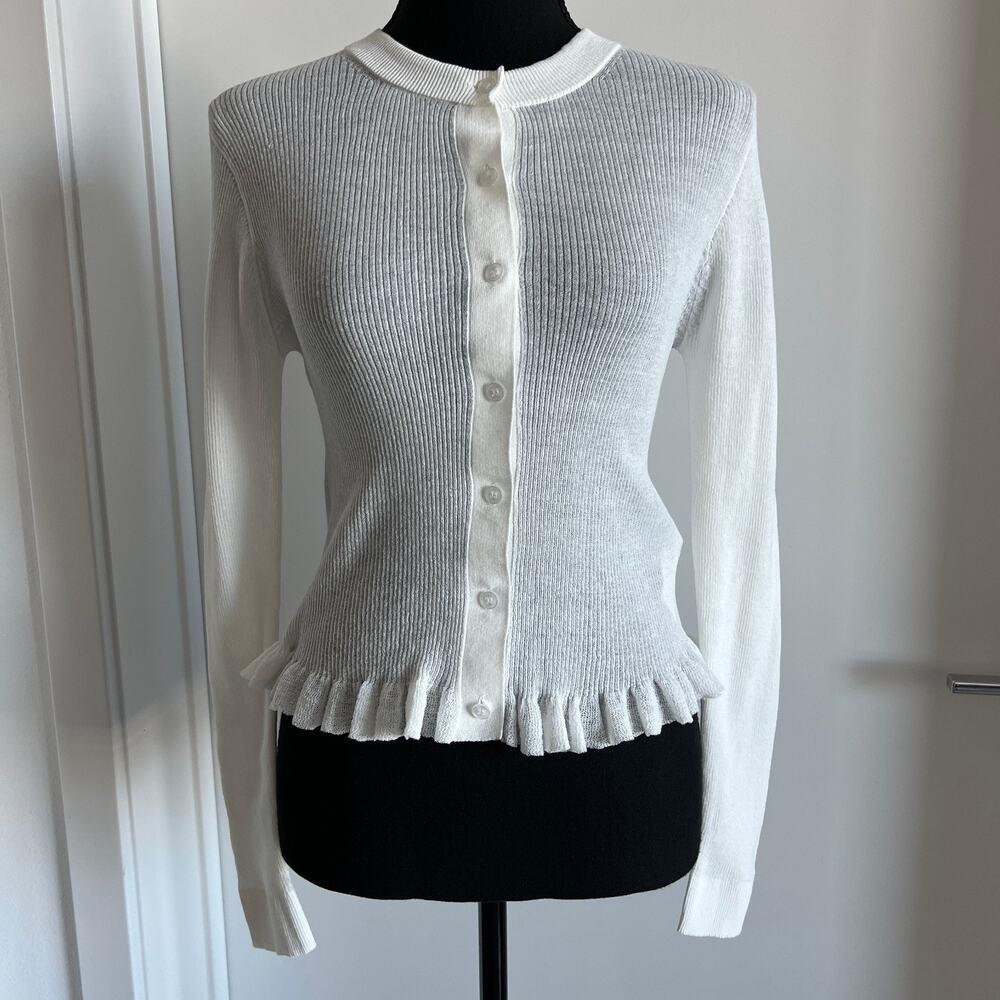 J Crew Ruffle Trim Cotton Gauze Cardigan Womens Small Sheer Stretchy White